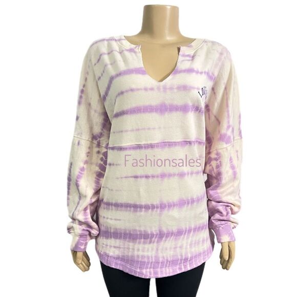 Victorias Secret Pink Varsity Crew Sweatshirt purple cream tie dye pullover - Picture 3 of 5